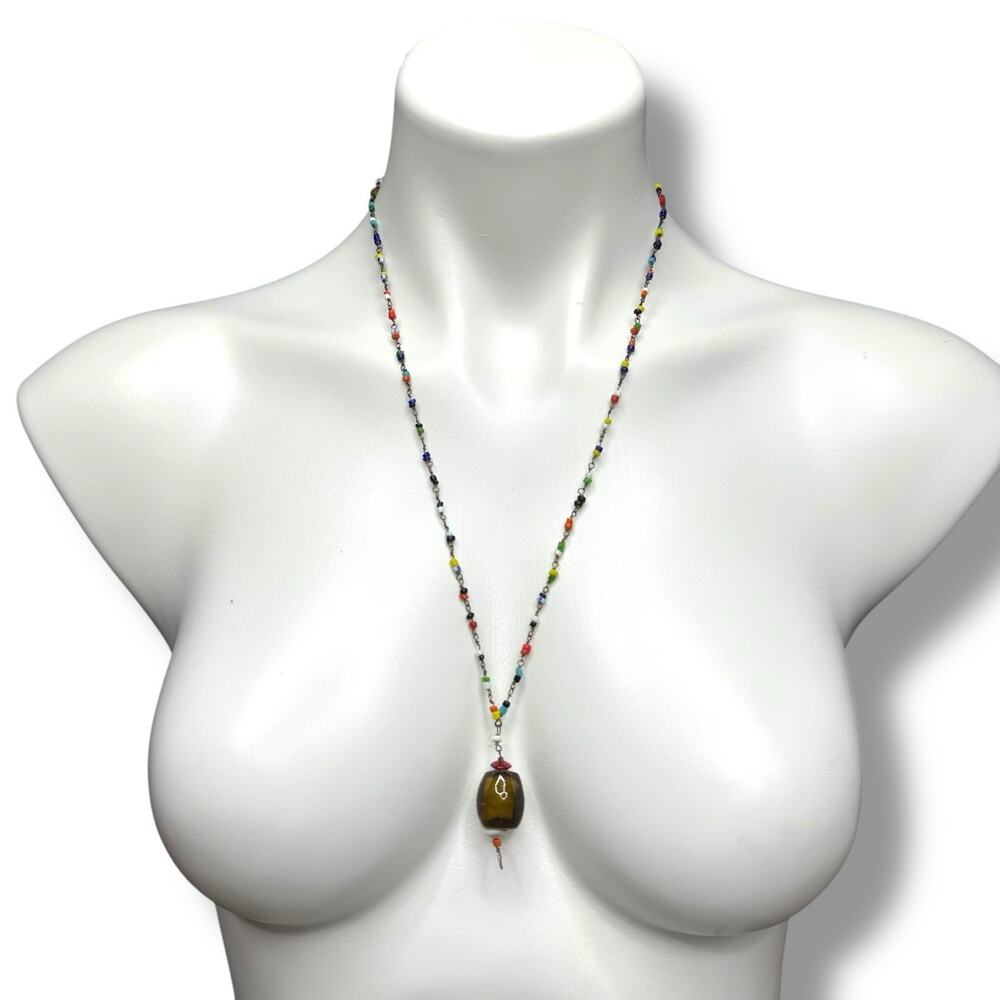Vtg Necklace Hand Made Wire Wrapped Glass Seed Bead Boho Multicolor Hipster
